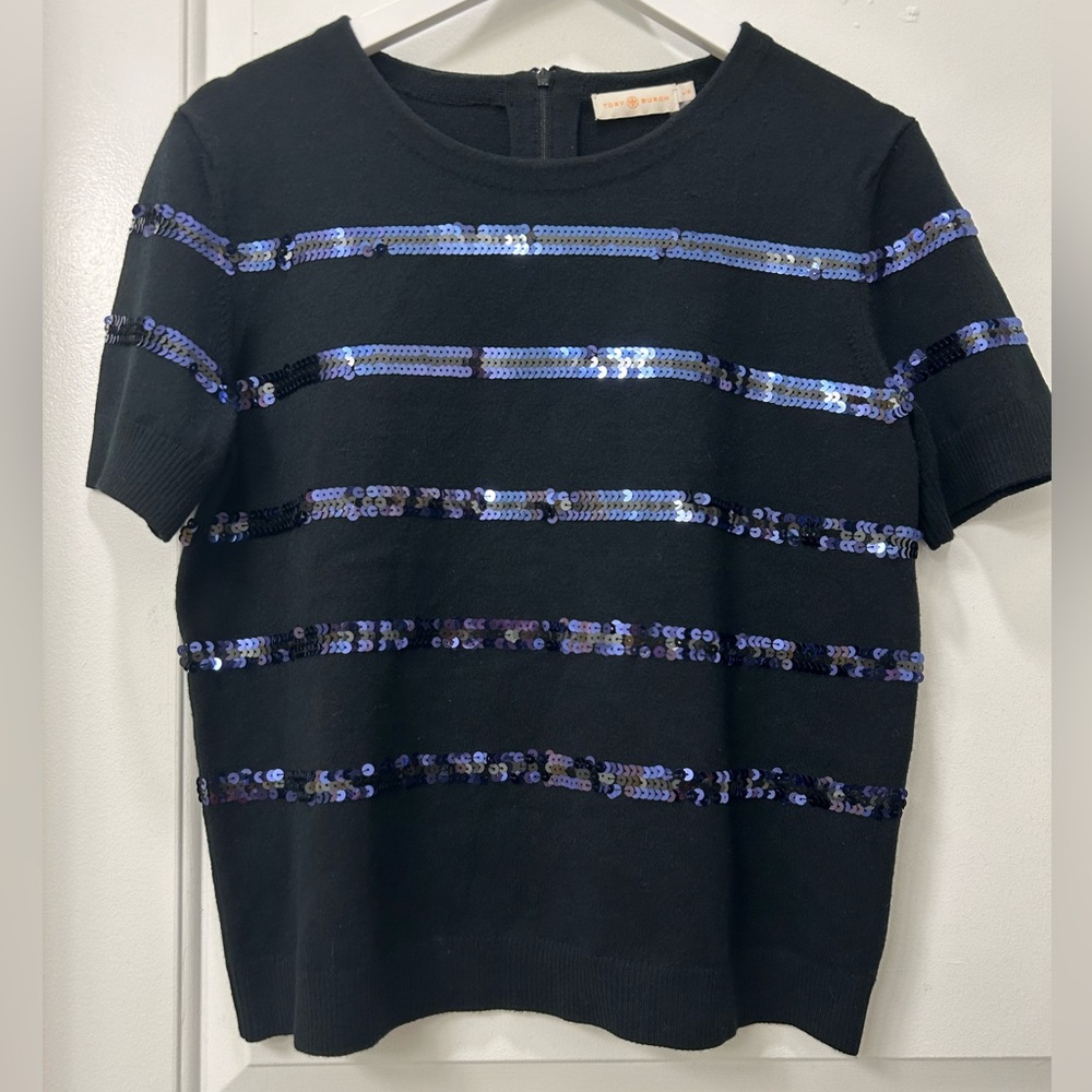 Tory Burch L Sequin Stripe Short Sleeve Wool Blend Sweater Holiday Fall Winter